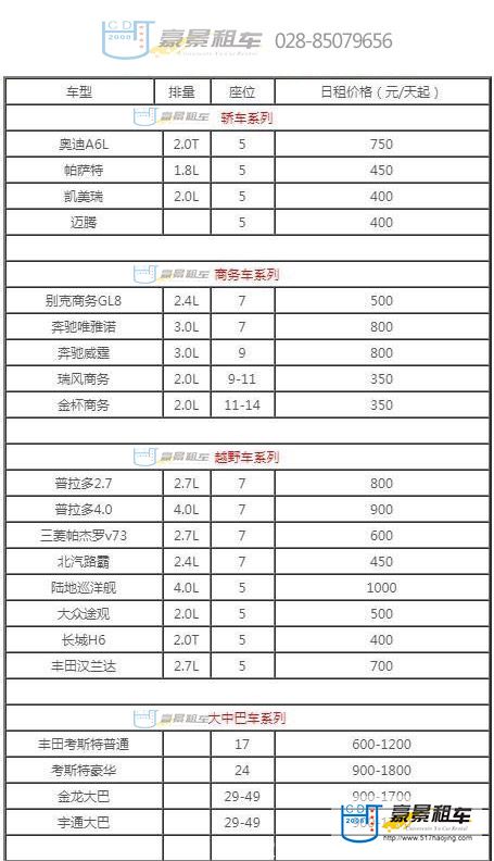 成都元旦租車(chē)價(jià)格表